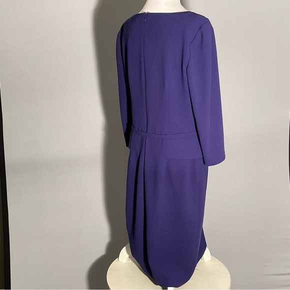 David Meister Size 10 Purple Sheath Dress Fabric Belt 3/4 Sleeve Unique Neckline - Picture 9 of 14